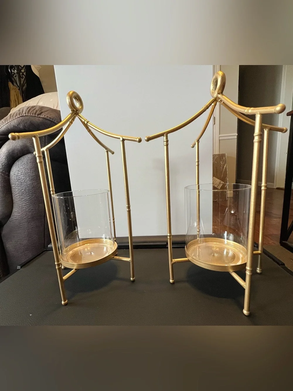 Set of 2 Gold Faux Bamboo Hurricane Candle Holders Pagoda Lanterns